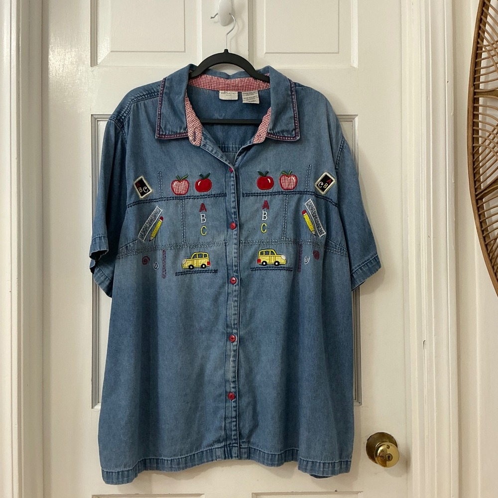 White Stag Teacher Embroidered Denim Shirt 26W/28W School Bus Academic ABC Apple